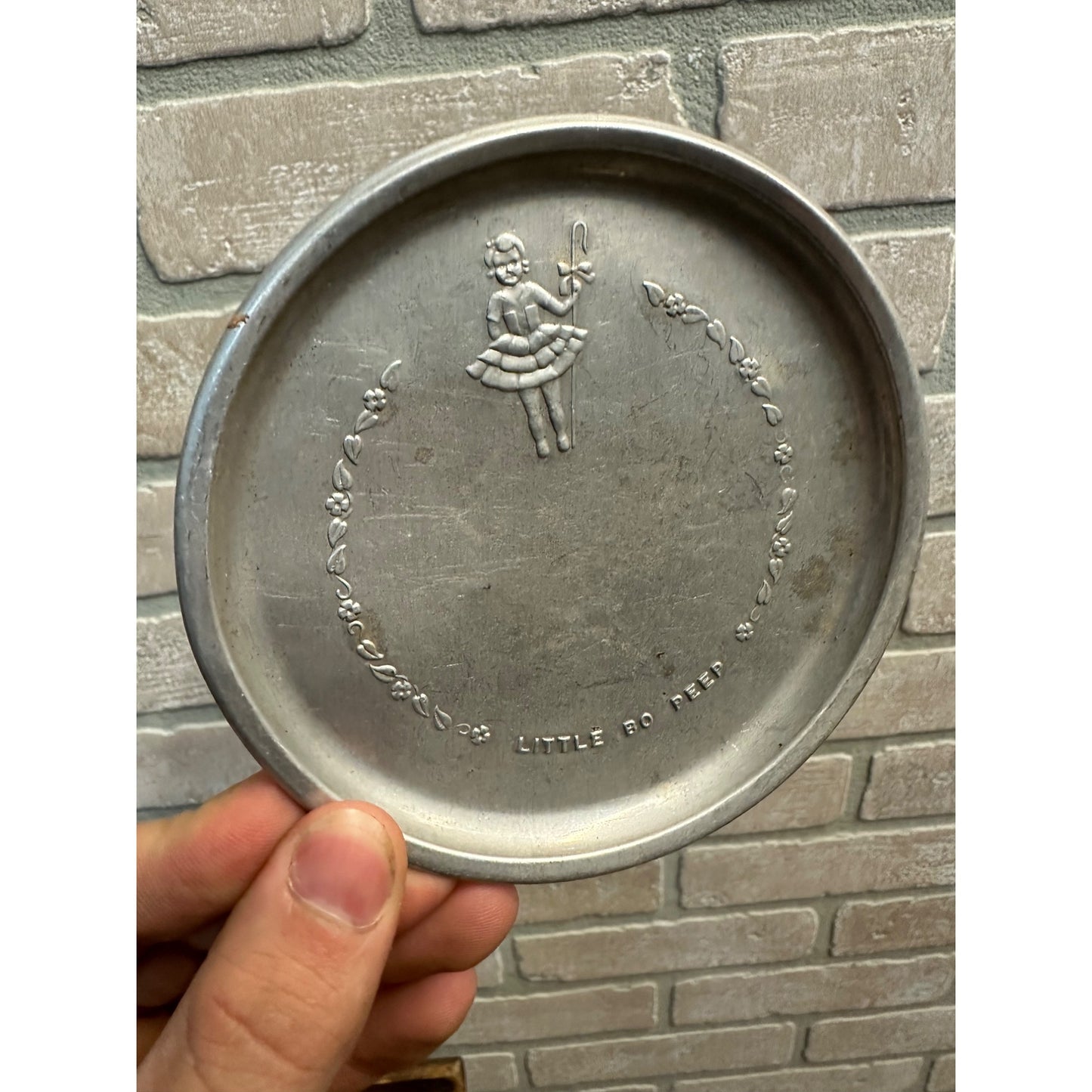 Vintage Little Bo Peep Child's Toy Embossed Aluminum Tea 4.5" Saucer Plate