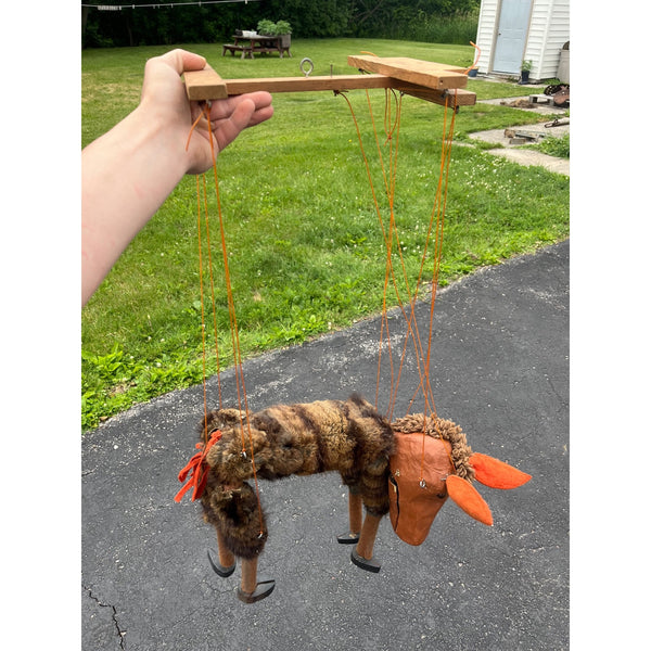 Vintage Folk Art Donkey Marionette Puppet Paper Mache Wood Fur Theater Toy Prop