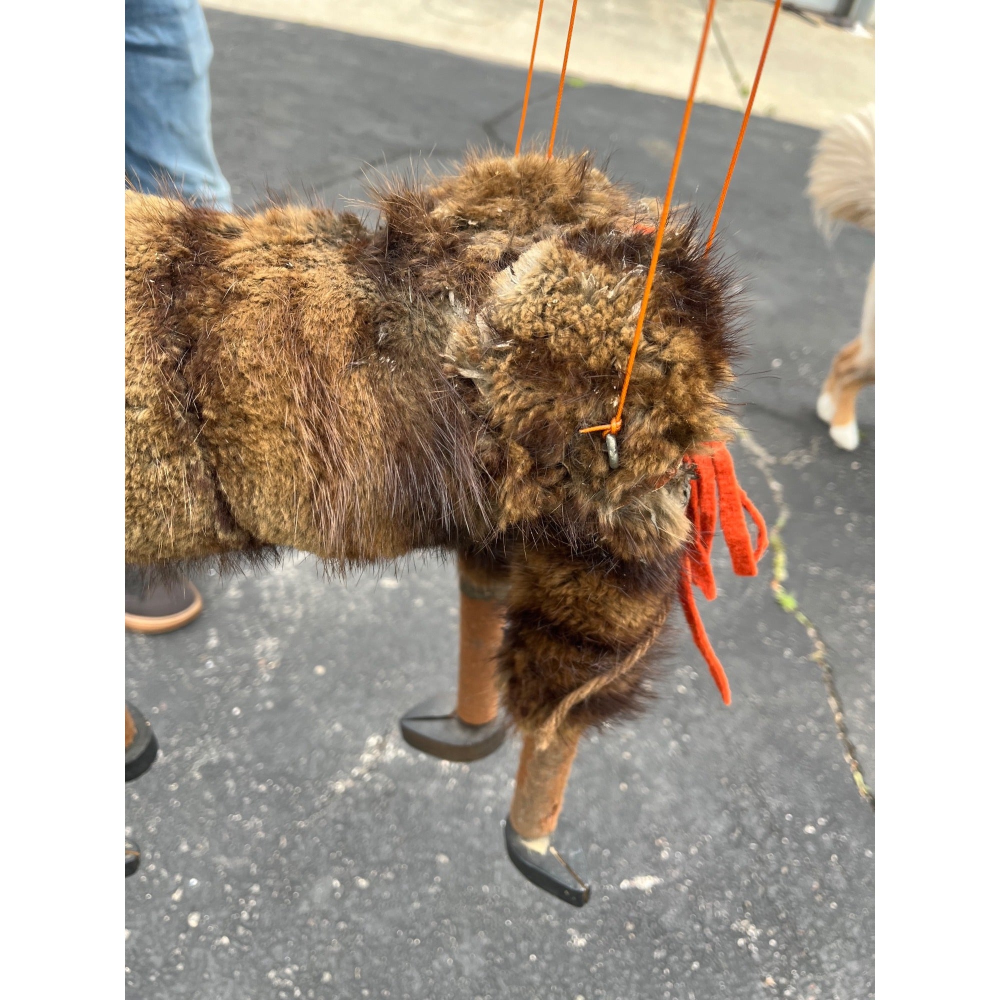 Vintage Folk Art Donkey Marionette Puppet Paper Mache Wood Fur Theater Toy Prop