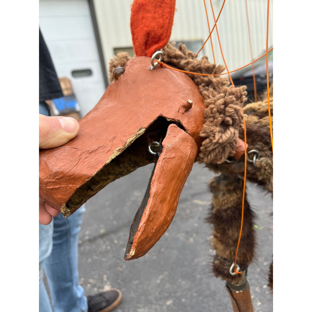 Vintage Folk Art Donkey Marionette Puppet Paper Mache Wood Fur Theater Toy Prop
