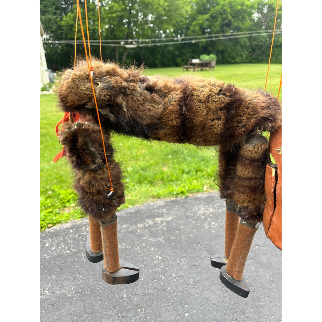 Vintage Folk Art Donkey Marionette Puppet Paper Mache Wood Fur Theater Toy Prop