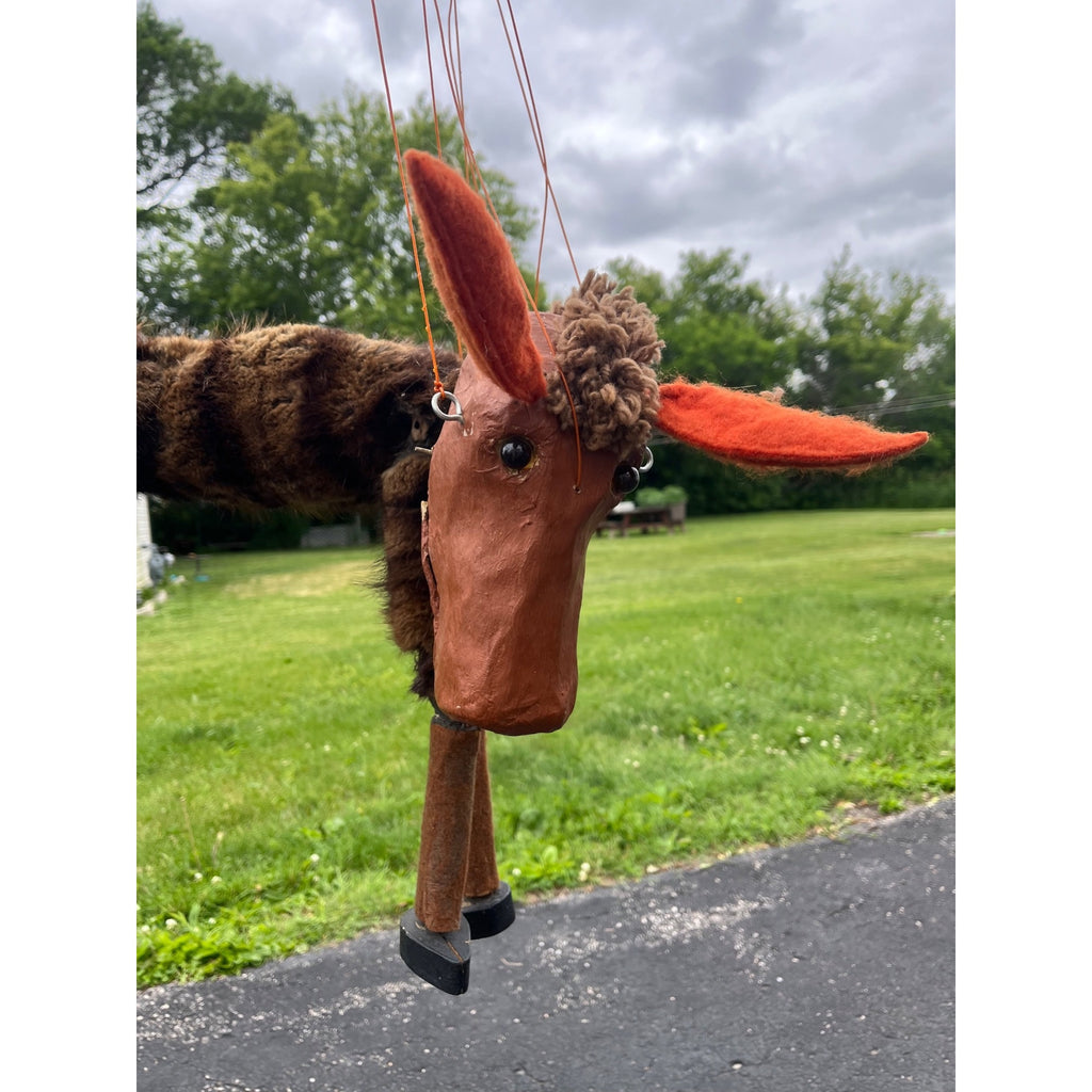 Vintage Folk Art Donkey Marionette Puppet Paper Mache Wood Fur Theater Toy Prop