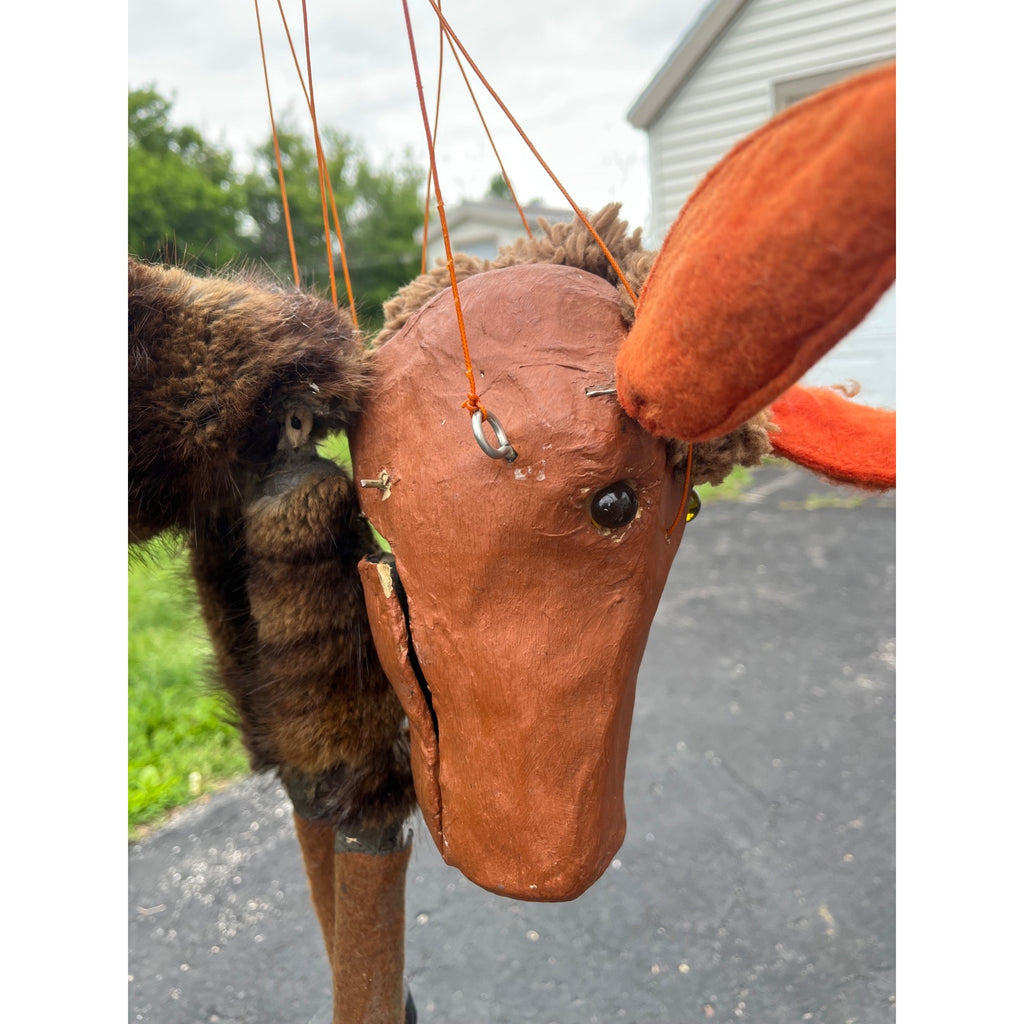 Vintage Folk Art Donkey Marionette Puppet Paper Mache Wood Fur Theater Toy Prop