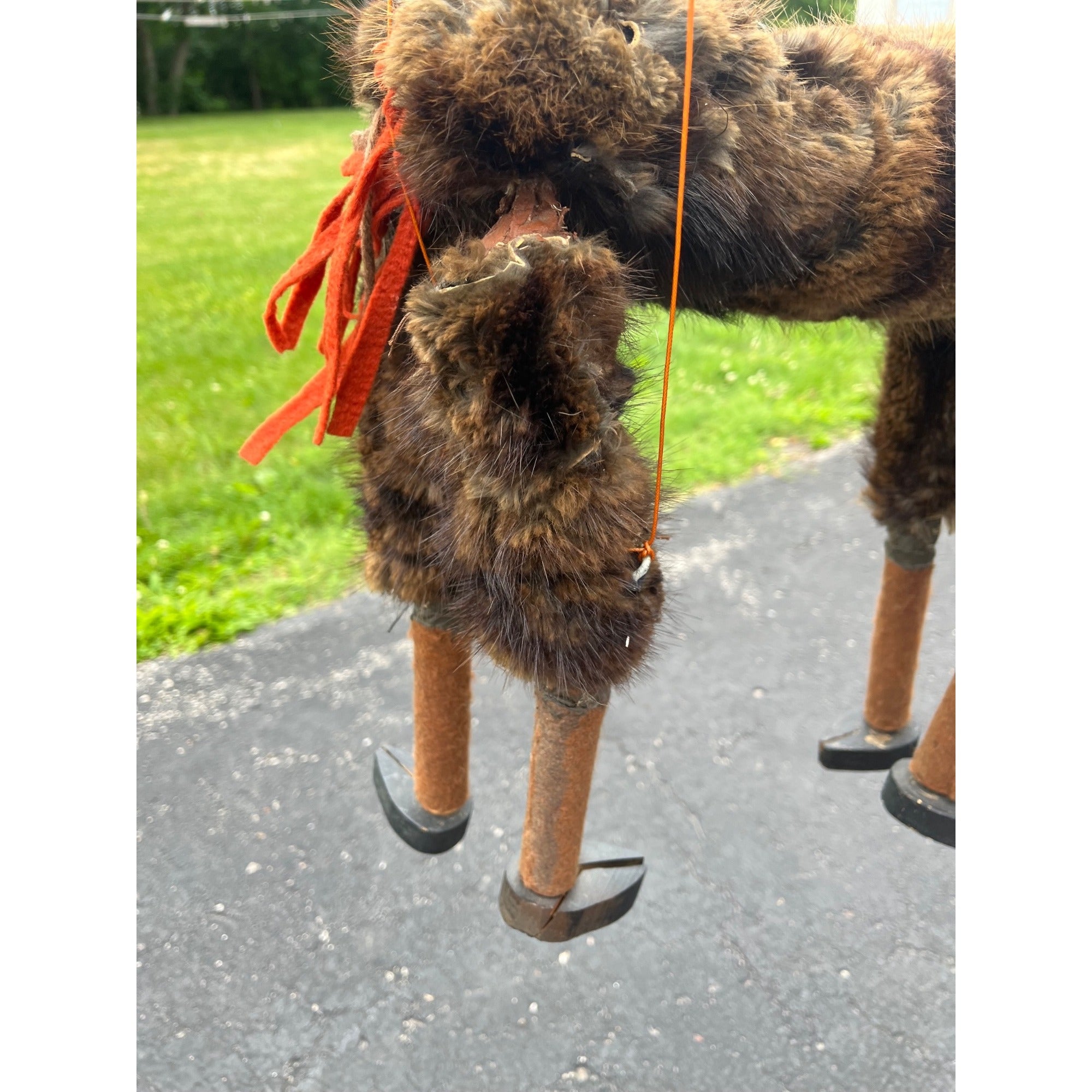 Vintage Folk Art Donkey Marionette Puppet Paper Mache Wood Fur Theater Toy Prop