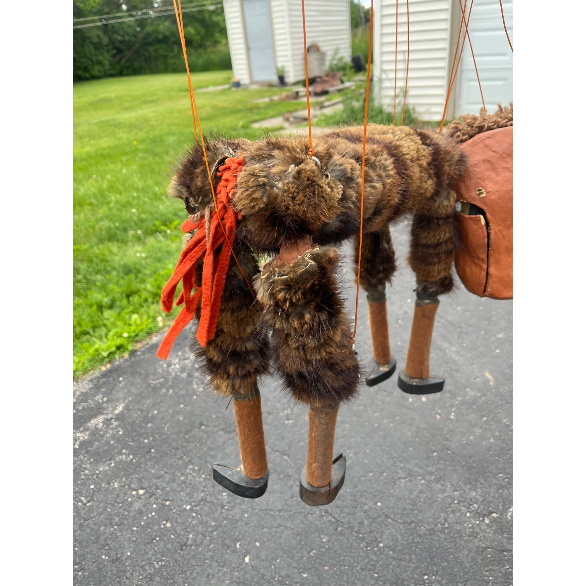 Vintage Folk Art Donkey Marionette Puppet Paper Mache Wood Fur Theater Toy Prop