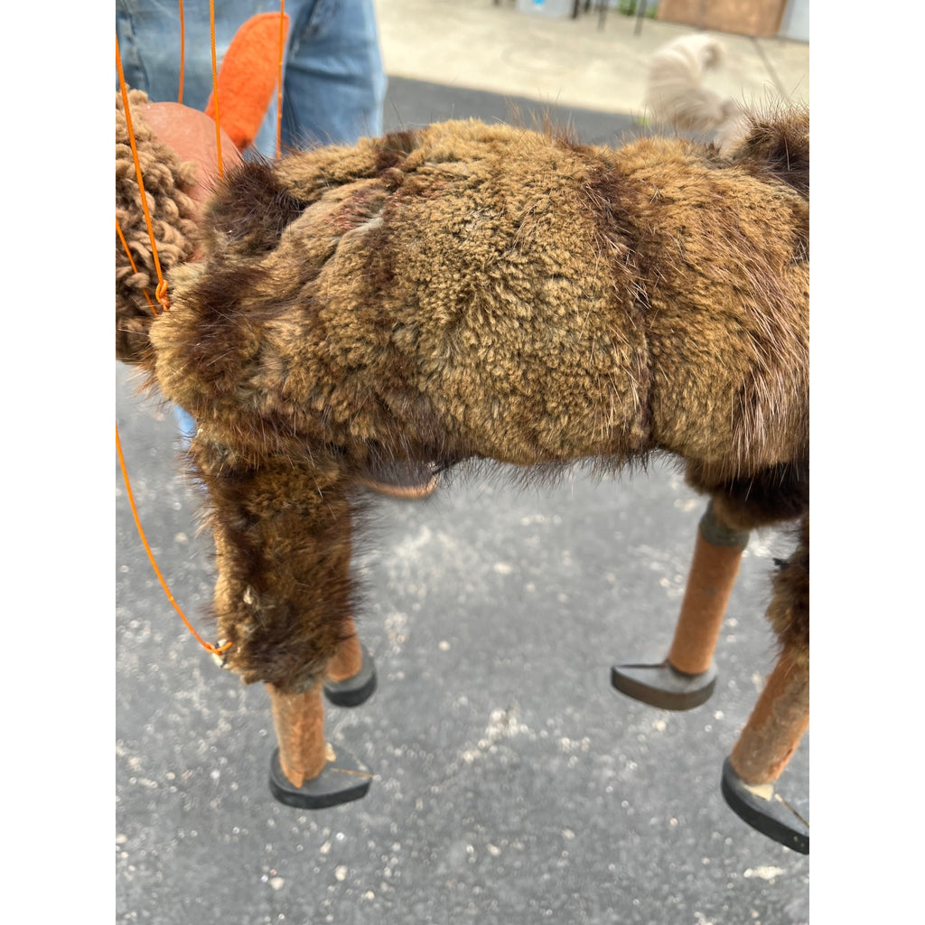 Vintage Folk Art Donkey Marionette Puppet Paper Mache Wood Fur Theater Toy Prop