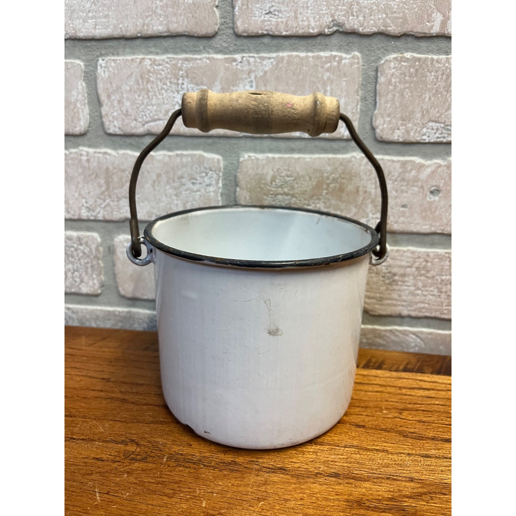 Antique Primitive White Enamel Graniteware Wood Handled Berry Pail / Farmhouse Decor / No Lid