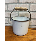 Antique Primitive White Enamel Graniteware Wood Handled Berry Pail / Farmhouse Decor / No Lid