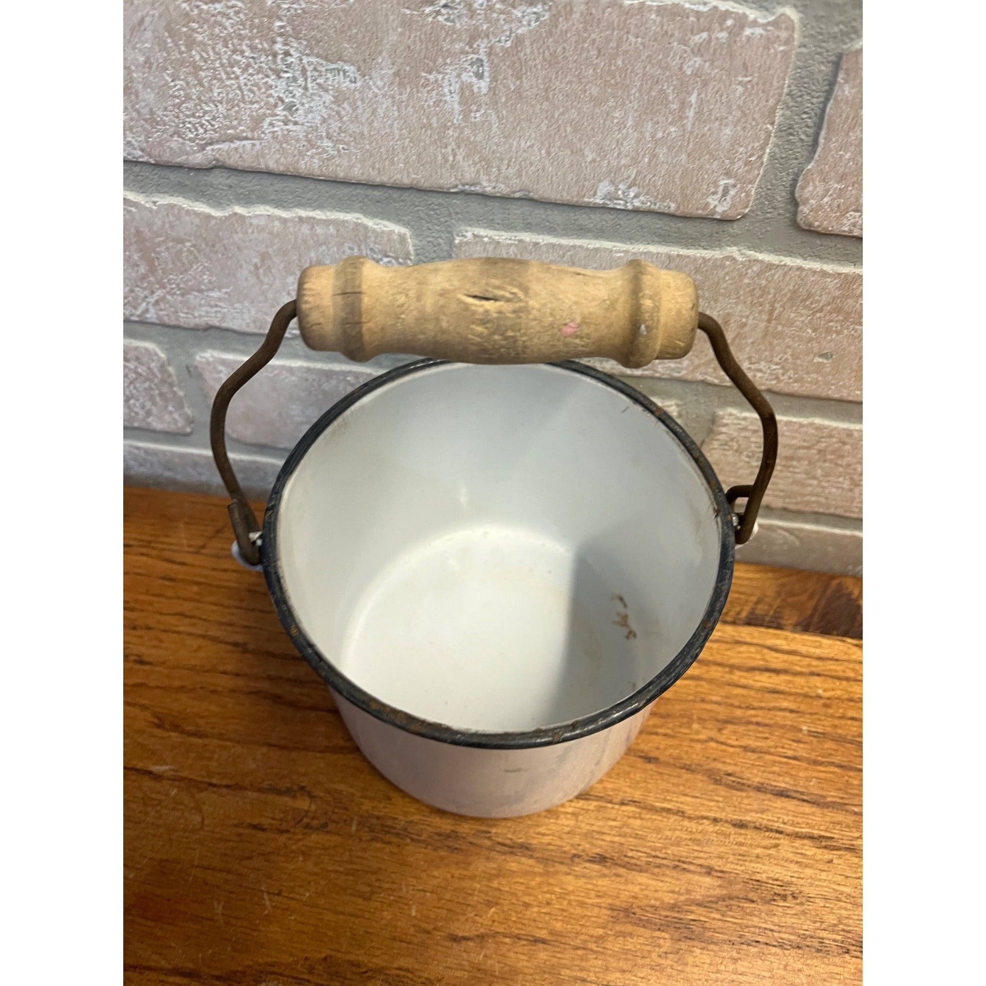 Antique Primitive White Enamel Graniteware Wood Handled Berry Pail / Farmhouse Decor / No Lid