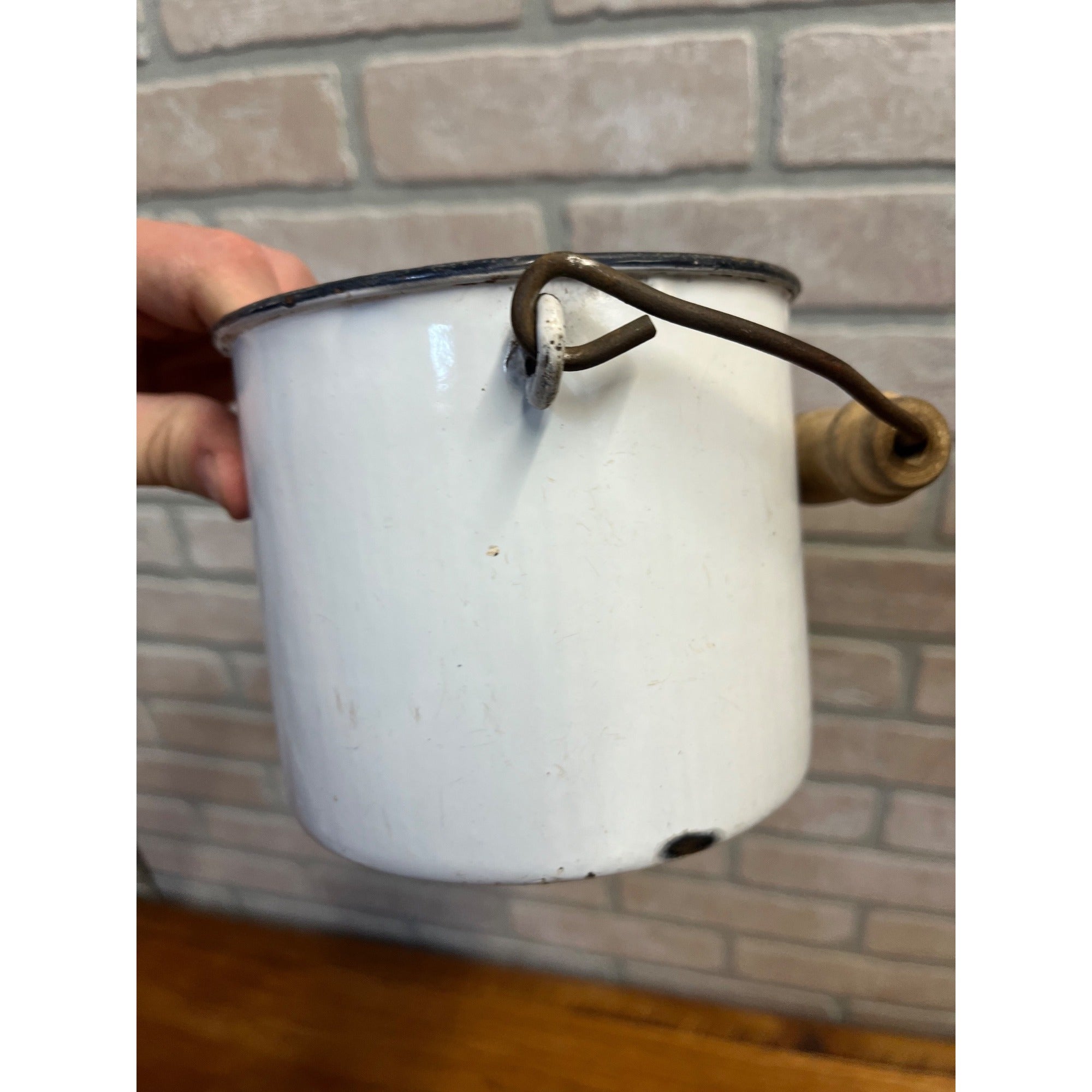 Antique Primitive White Enamel Graniteware Wood Handled Berry Pail / Farmhouse Decor / No Lid