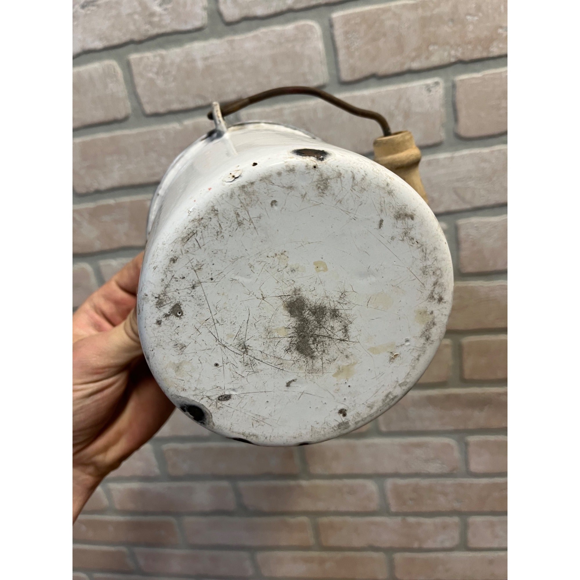 Antique Primitive White Enamel Graniteware Wood Handled Berry Pail / Farmhouse Decor / No Lid