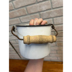 Antique Primitive White Enamel Graniteware Wood Handled Berry Pail / Farmhouse Decor / No Lid