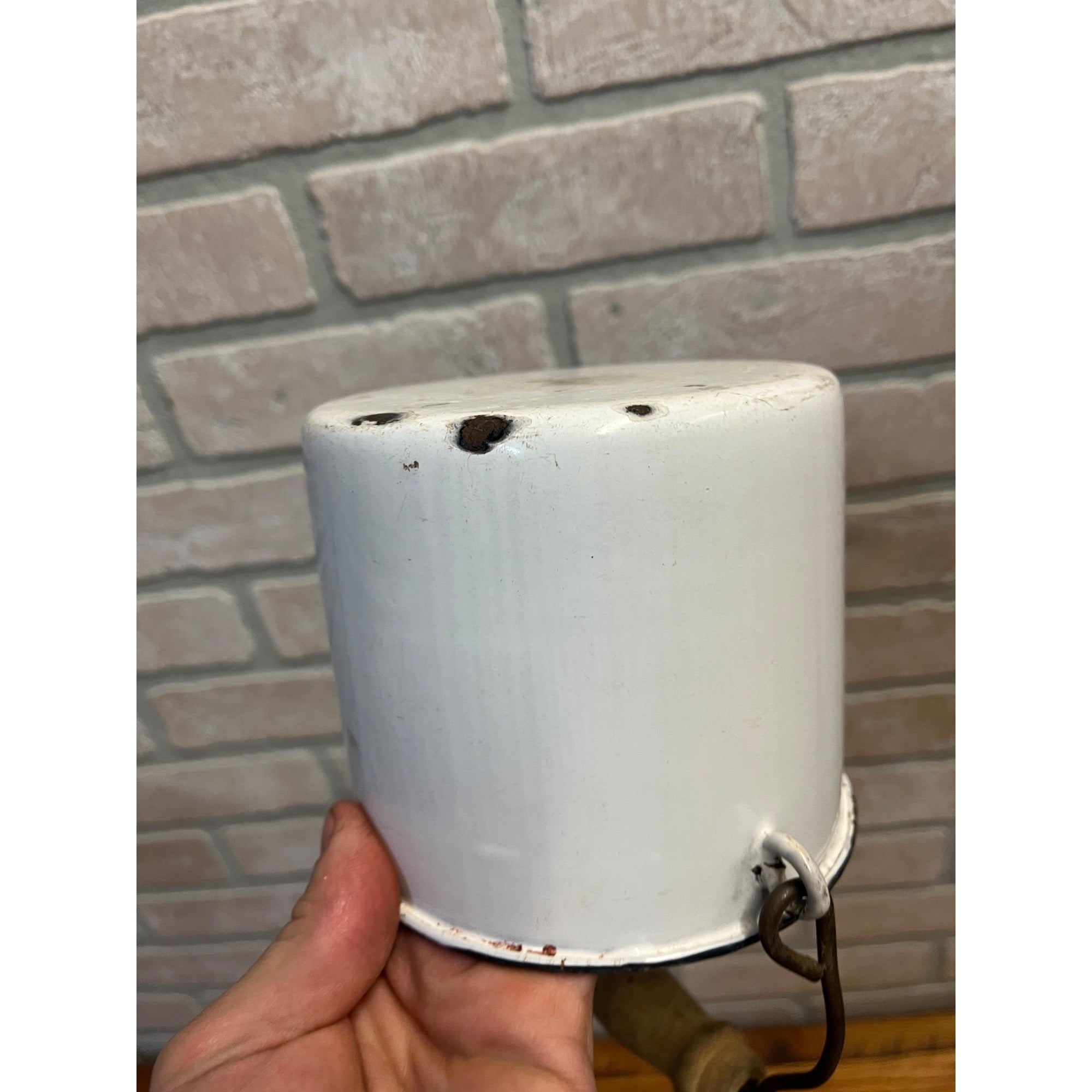 Antique Primitive White Enamel Graniteware Wood Handled Berry Pail / Farmhouse Decor / No Lid