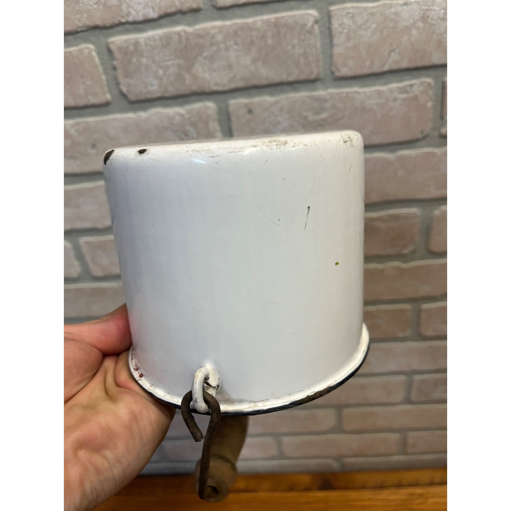 Antique Primitive White Enamel Graniteware Wood Handled Berry Pail / Farmhouse Decor / No Lid