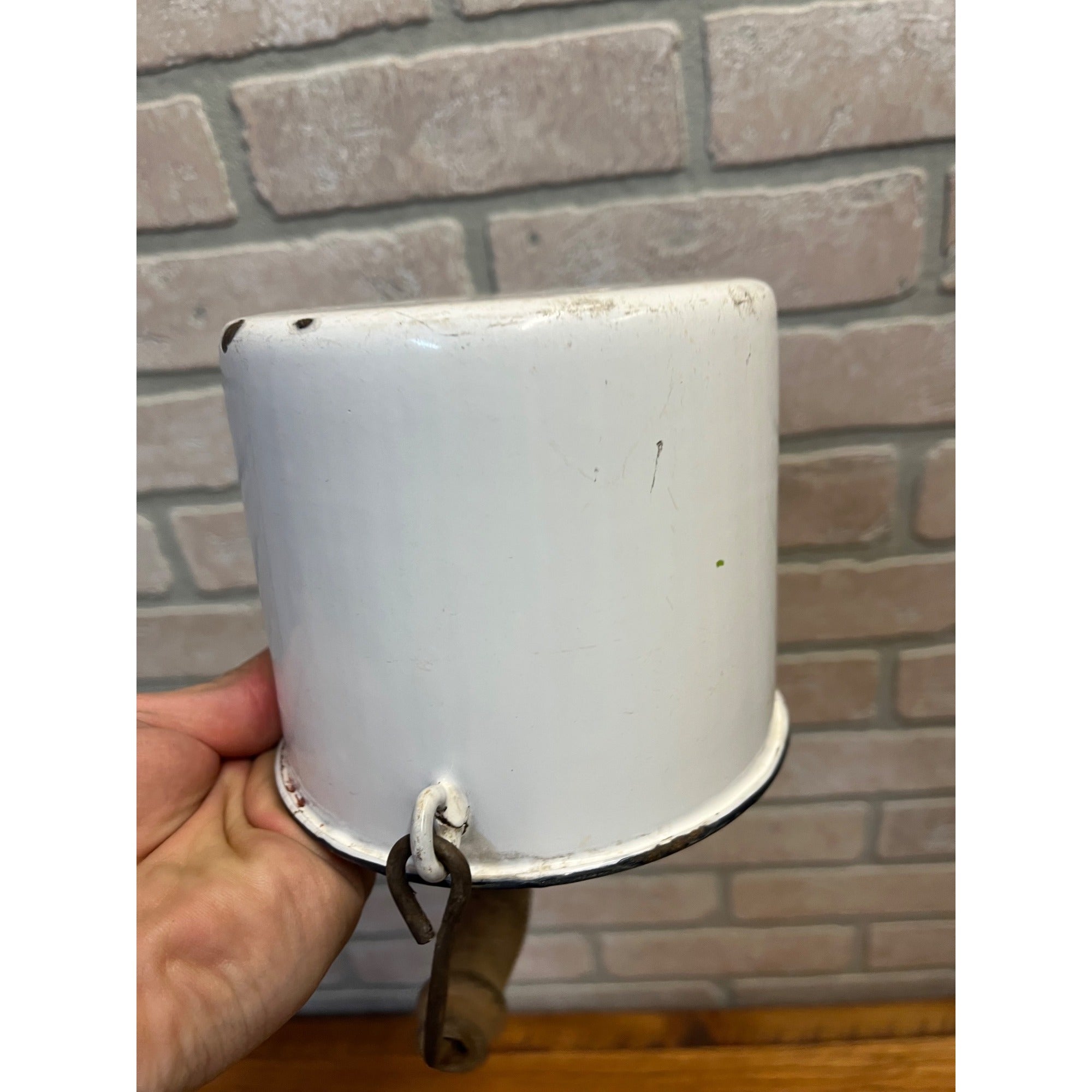 Antique Primitive White Enamel Graniteware Wood Handled Berry Pail / Farmhouse Decor / No Lid