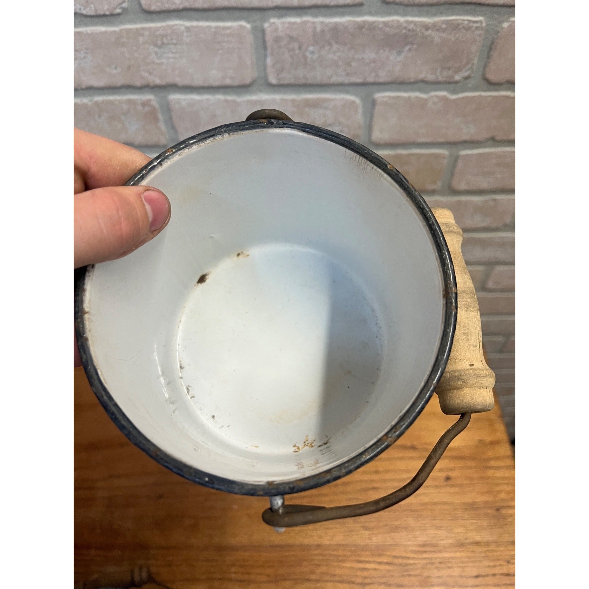 Antique Primitive White Enamel Graniteware Wood Handled Berry Pail / Farmhouse Decor / No Lid