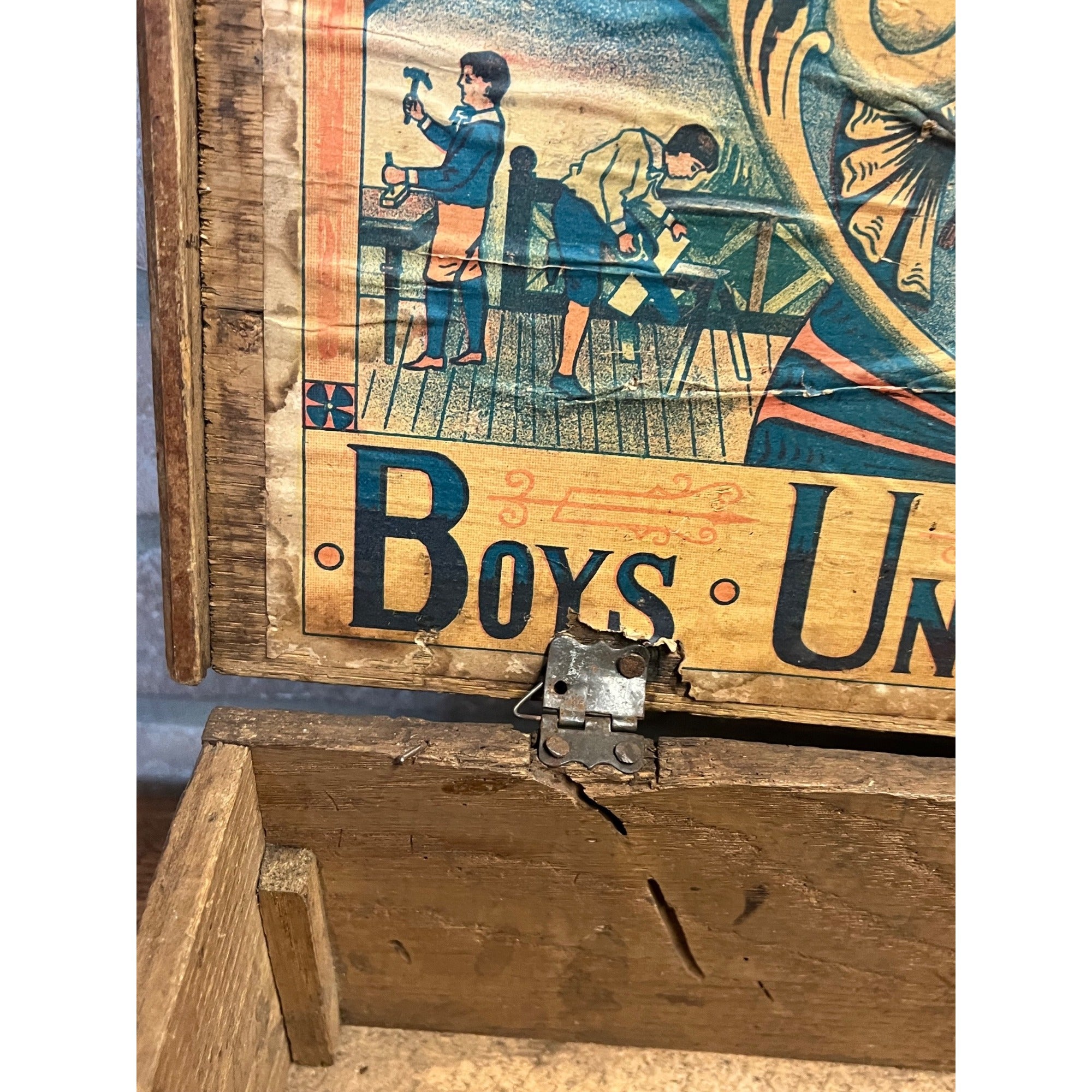 Antique 1890s Boys Union Tool Chest Wood Box Toy Dovetailed USA Patriotic Eagle