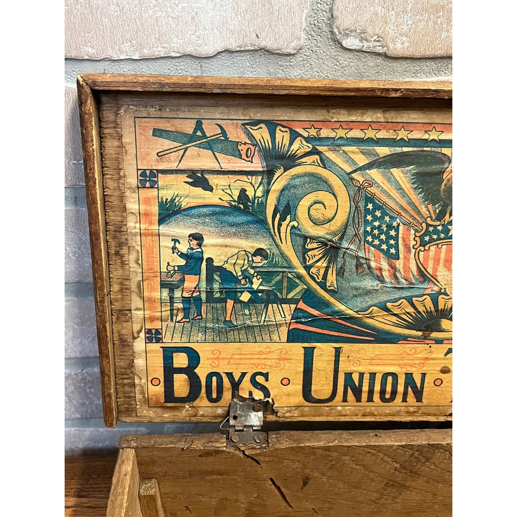 Antique 1890s Boys Union Tool Chest Wood Box Toy Dovetailed USA Patriotic Eagle