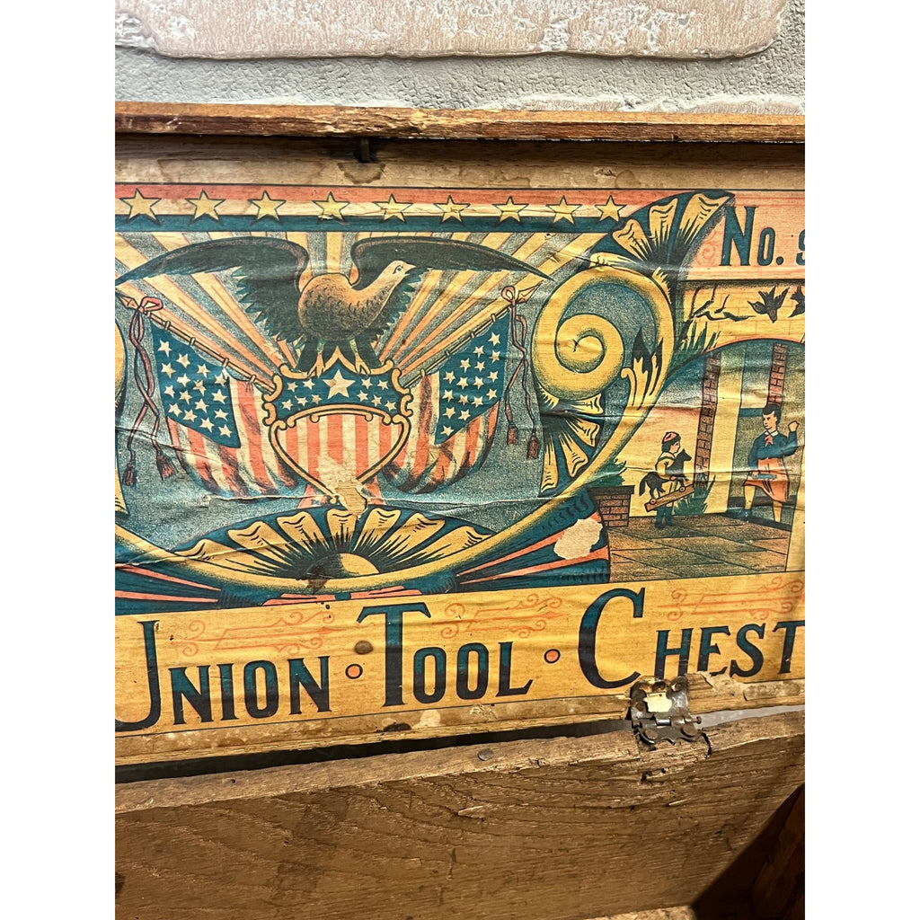 Antique 1890s Boys Union Tool Chest Wood Box Toy Dovetailed USA Patriotic Eagle
