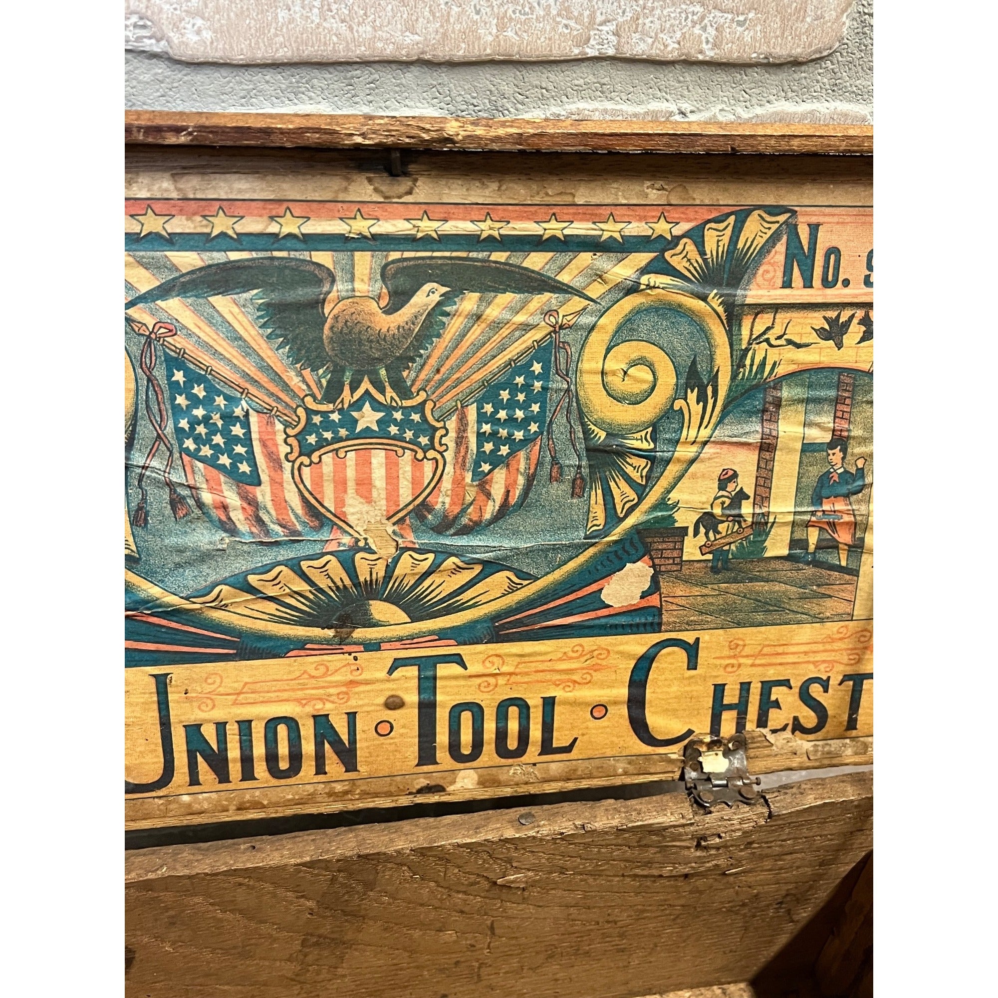 Antique 1890s Boys Union Tool Chest Wood Box Toy Dovetailed USA Patriotic Eagle