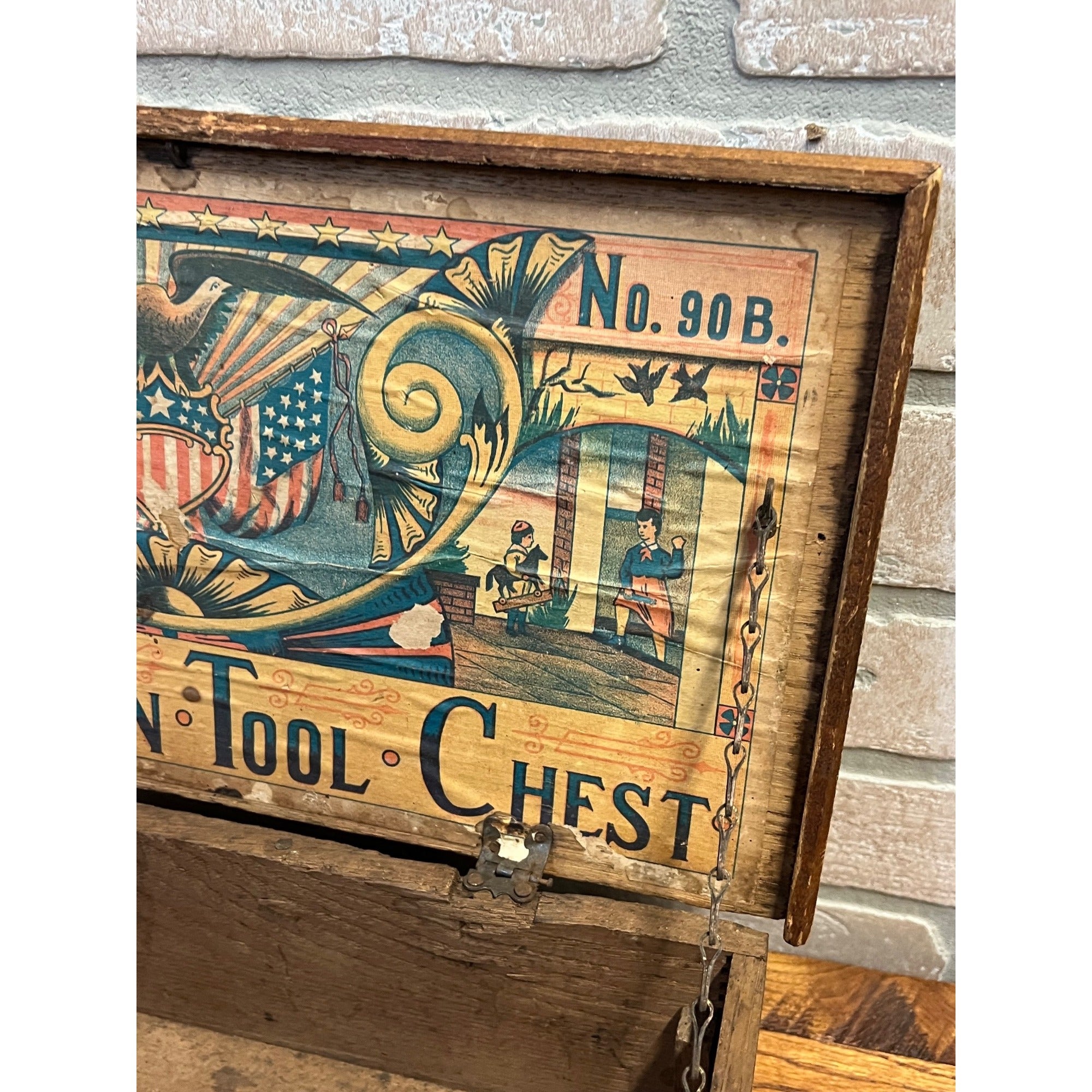 Antique 1890s Boys Union Tool Chest Wood Box Toy Dovetailed USA Patriotic Eagle