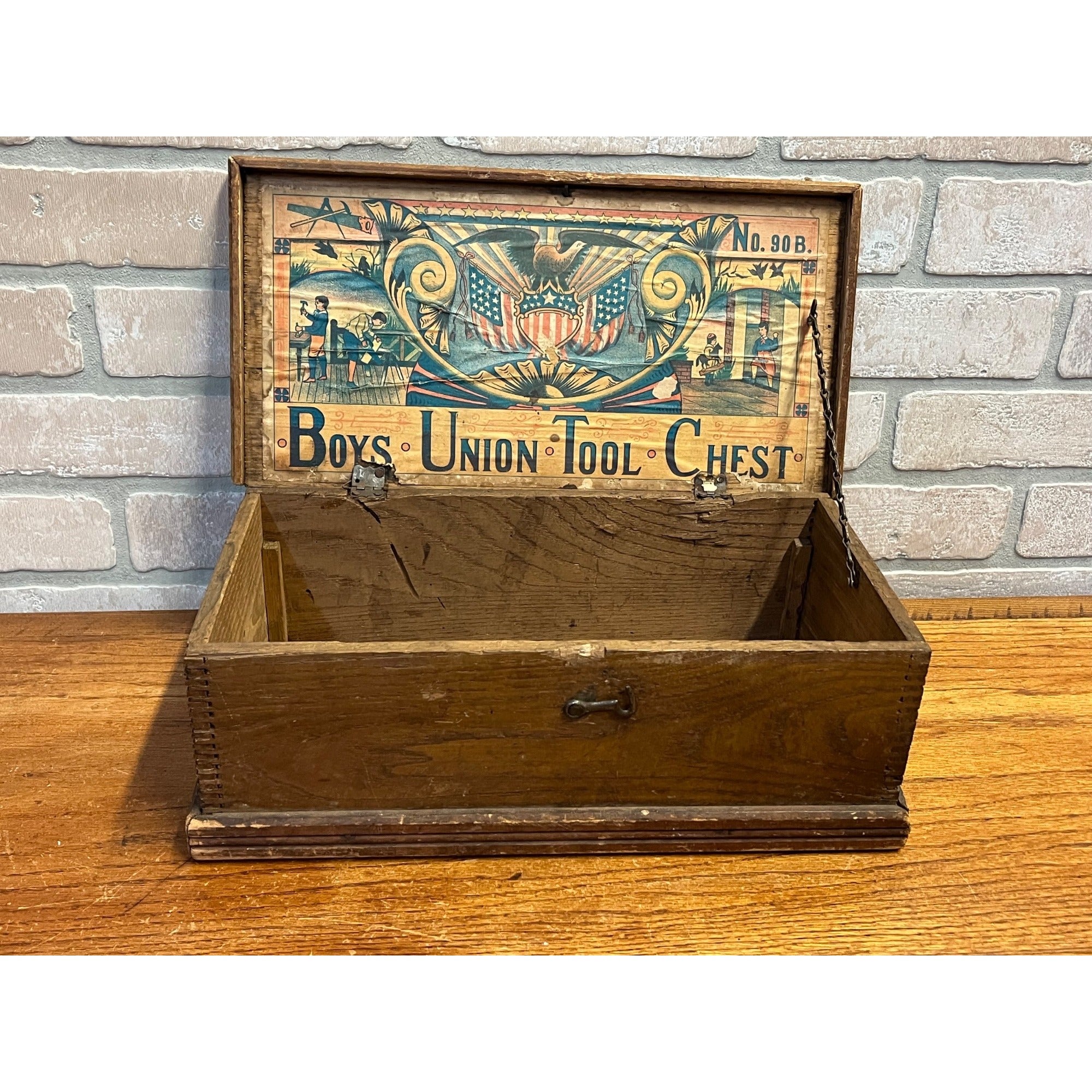 Antique 1890s Boys Union Tool Chest Wood Box Toy Dovetailed USA Patriotic Eagle