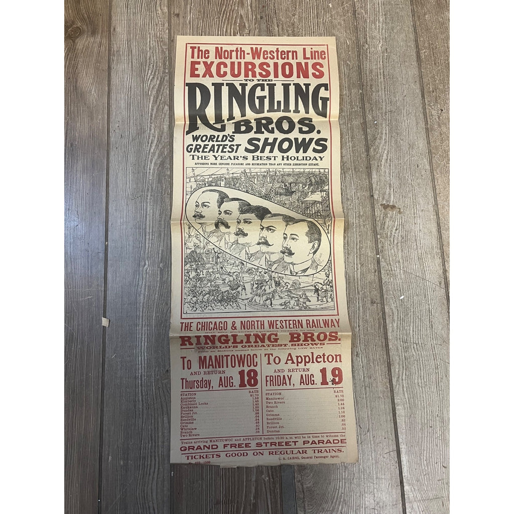 Vintage c1910 Ringling Bros Circus Northwestern Railroad Broadside Poster