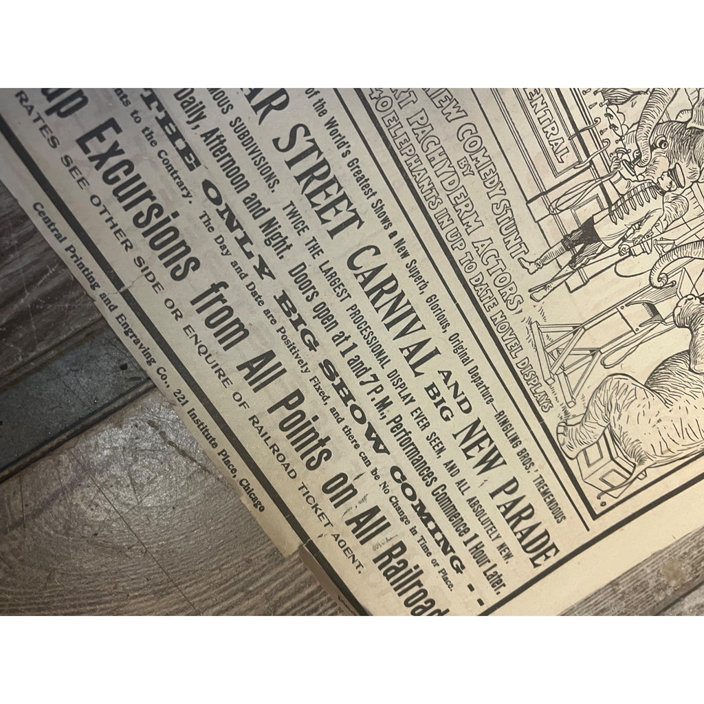 Vintage c1910 Ringling Bros Circus Northwestern Railroad Broadside Poster