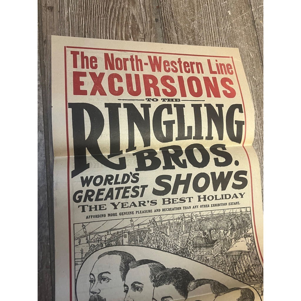 Vintage c1910 Ringling Bros Circus Northwestern Railroad Broadside Poster