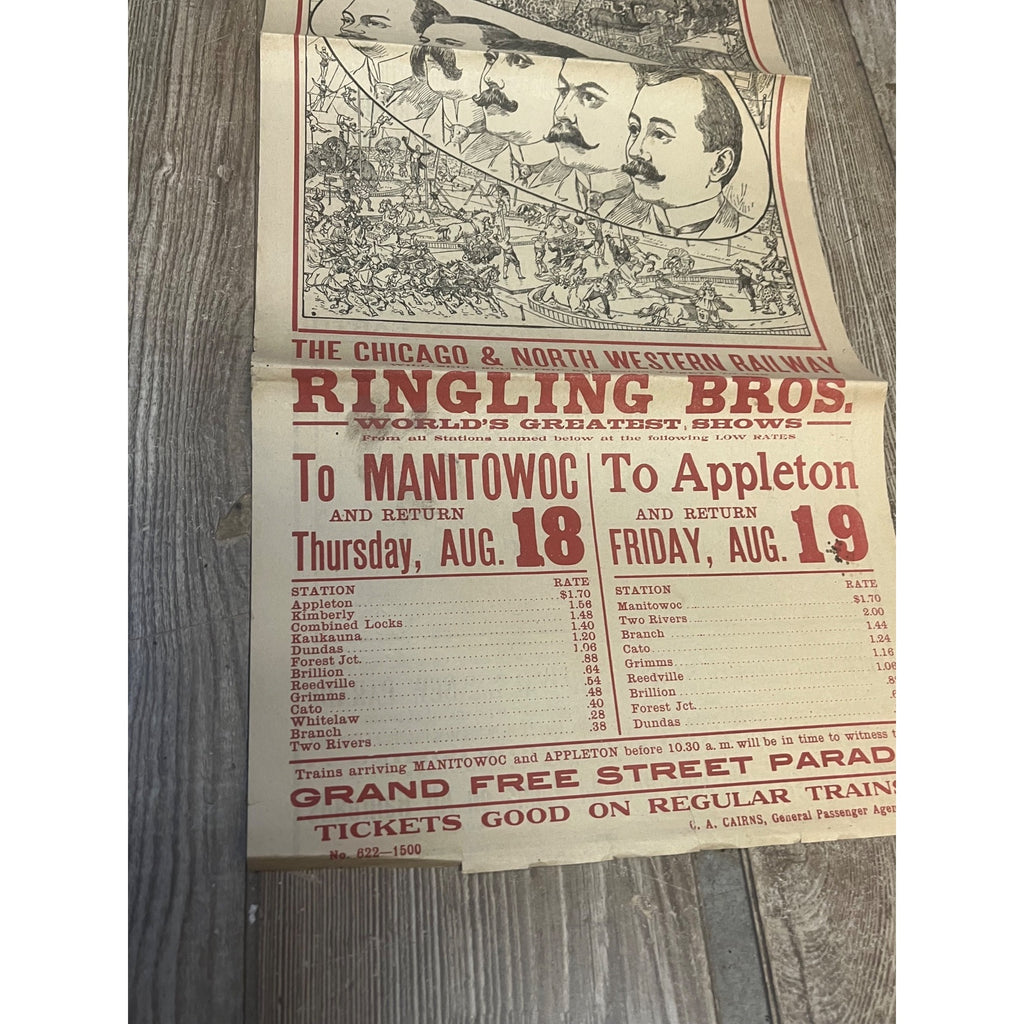 Vintage c1910 Ringling Bros Circus Northwestern Railroad Broadside Poster