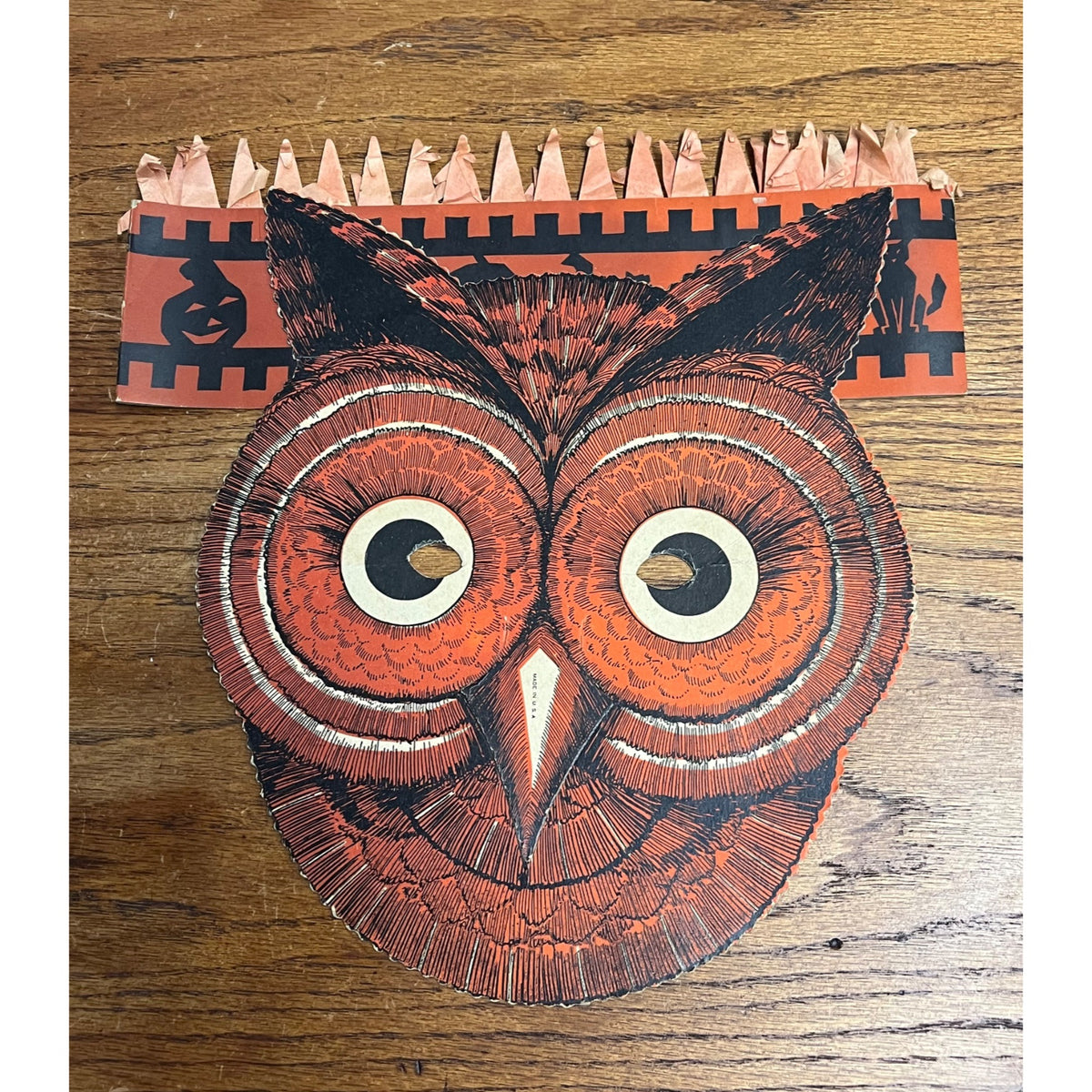 Vintage 1930s Beistle Halloween Owl Mask Party Hat Honeycomb Crepe Crown