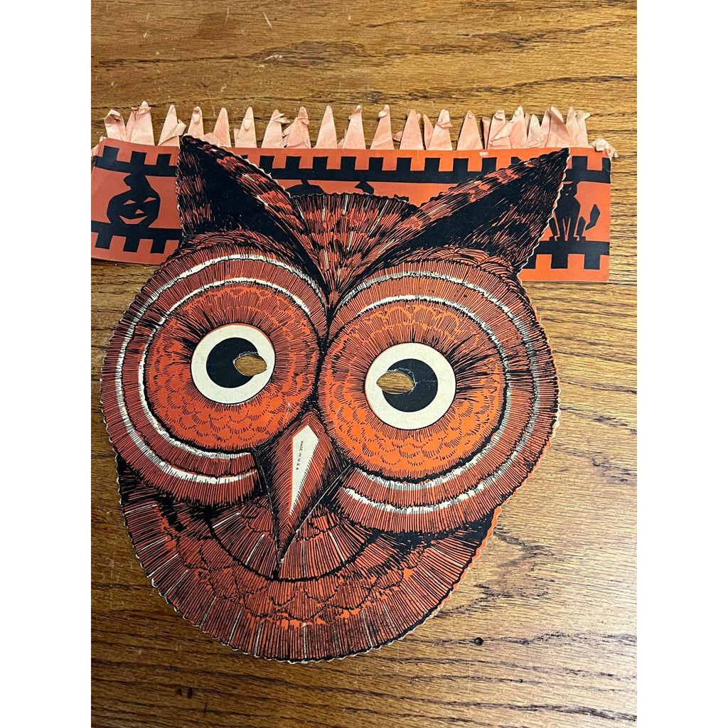 Vintage 1930s Beistle Halloween Owl Mask Party Hat Honeycomb Crepe Crown