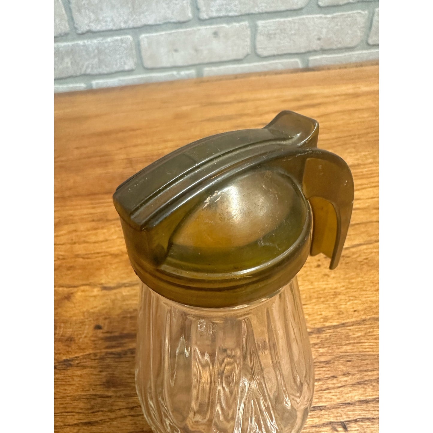 Vintage Federal Tool Company Syrup Molasses Glass Pitcher w/ Olive Green Top