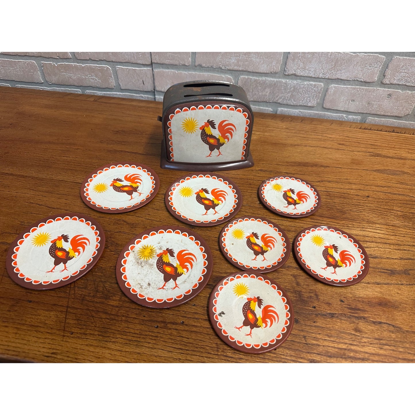 Vintage 1960s Child's Toy Toaster & Rooster Tin Litho Plates