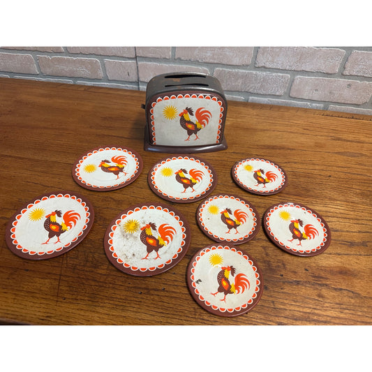 Vintage 1960s Child's Toy Toaster & Rooster Tin Litho Plates