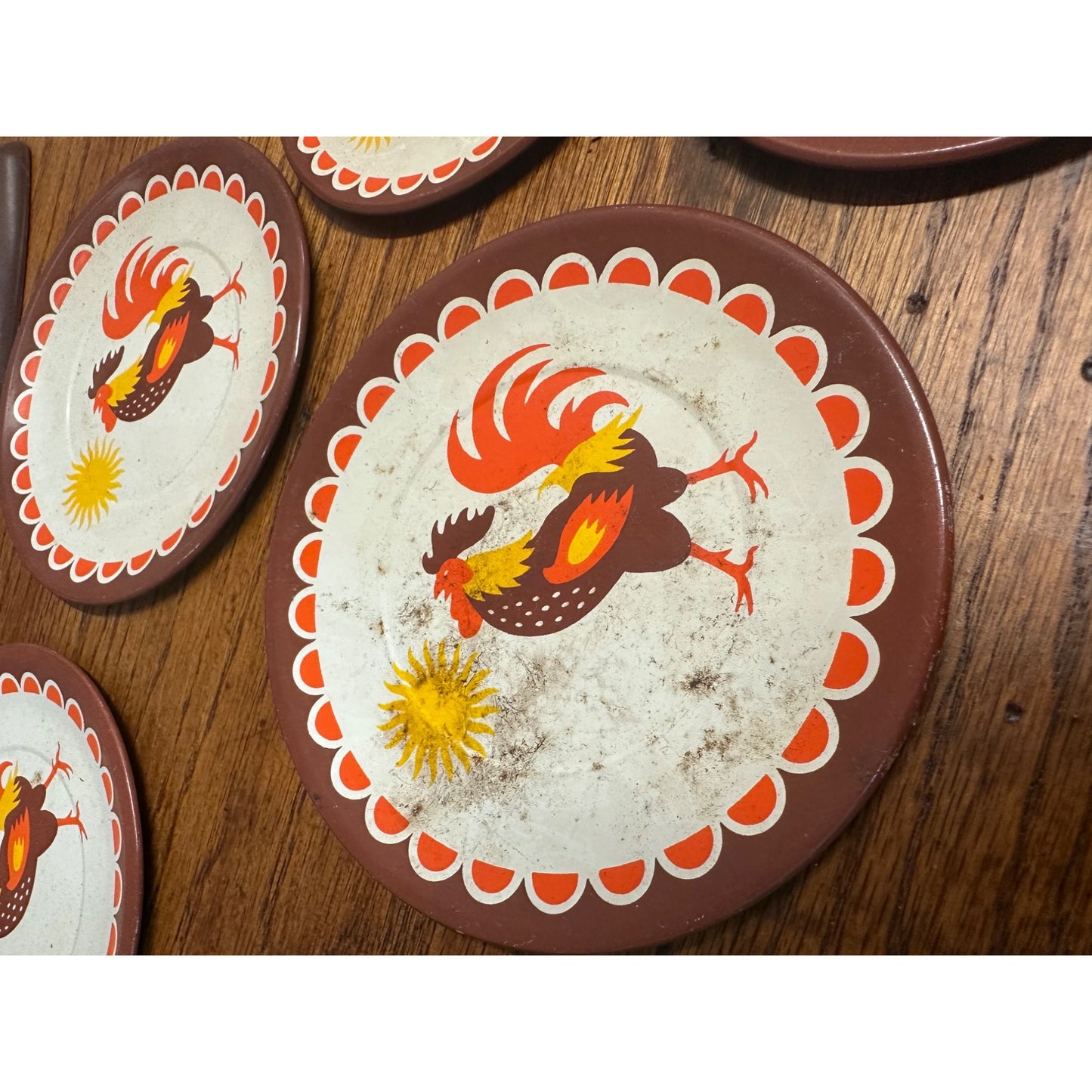 Vintage 1960s Child's Toy Toaster & Rooster Tin Litho Plates