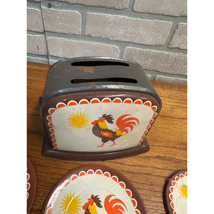 Vintage 1960s Child's Toy Toaster & Rooster Tin Litho Plates