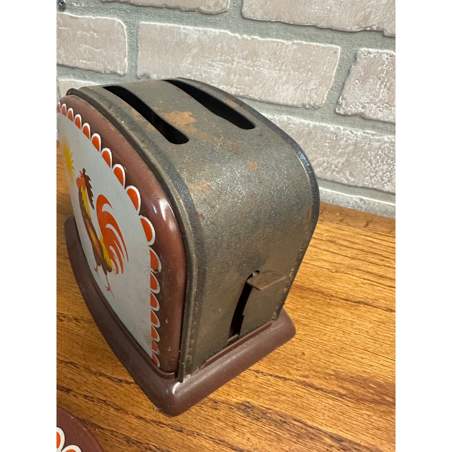 Vintage 1960s Child's Toy Toaster & Rooster Tin Litho Plates