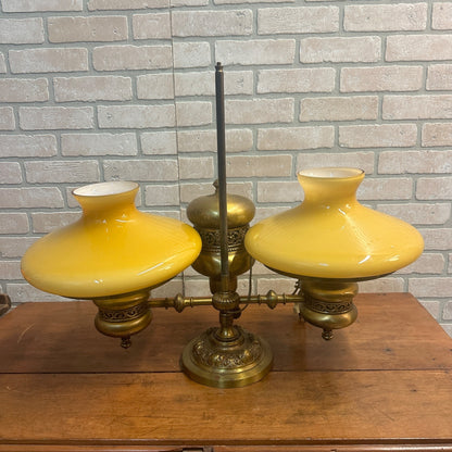 Antique Victorian Brass Double Student Lamp Base with Center Tank & Yellow Shades