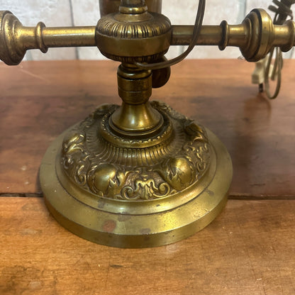 Antique Victorian Brass Double Student Lamp Base with Center Tank & Yellow Shades