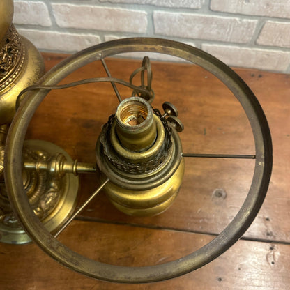 Antique Victorian Brass Double Student Lamp Base with Center Tank & Yellow Shades