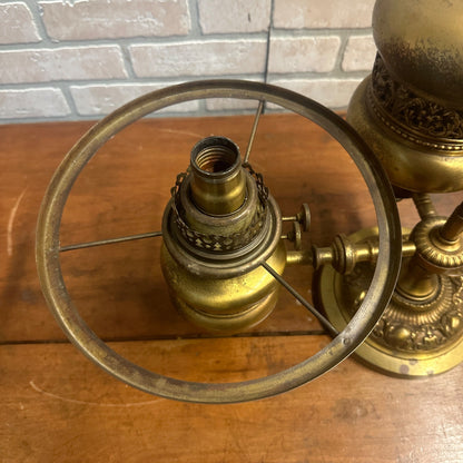 Antique Victorian Brass Double Student Lamp Base with Center Tank & Yellow Shades