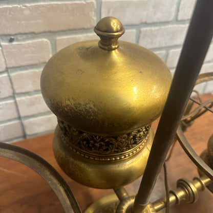 Antique Victorian Brass Double Student Lamp Base with Center Tank & Yellow Shades