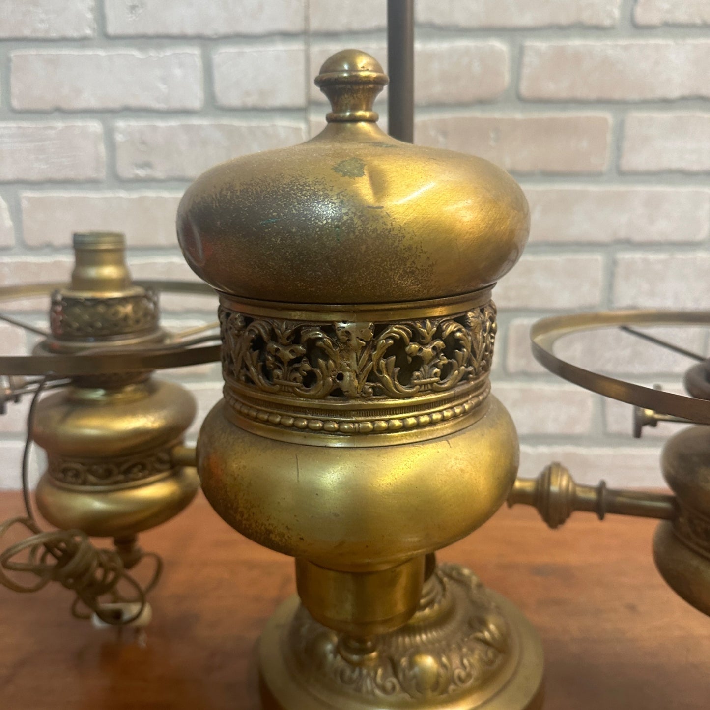 Antique Victorian Brass Double Student Lamp Base with Center Tank & Yellow Shades