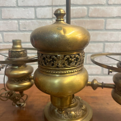 Antique Victorian Brass Double Student Lamp Base with Center Tank & Yellow Shades