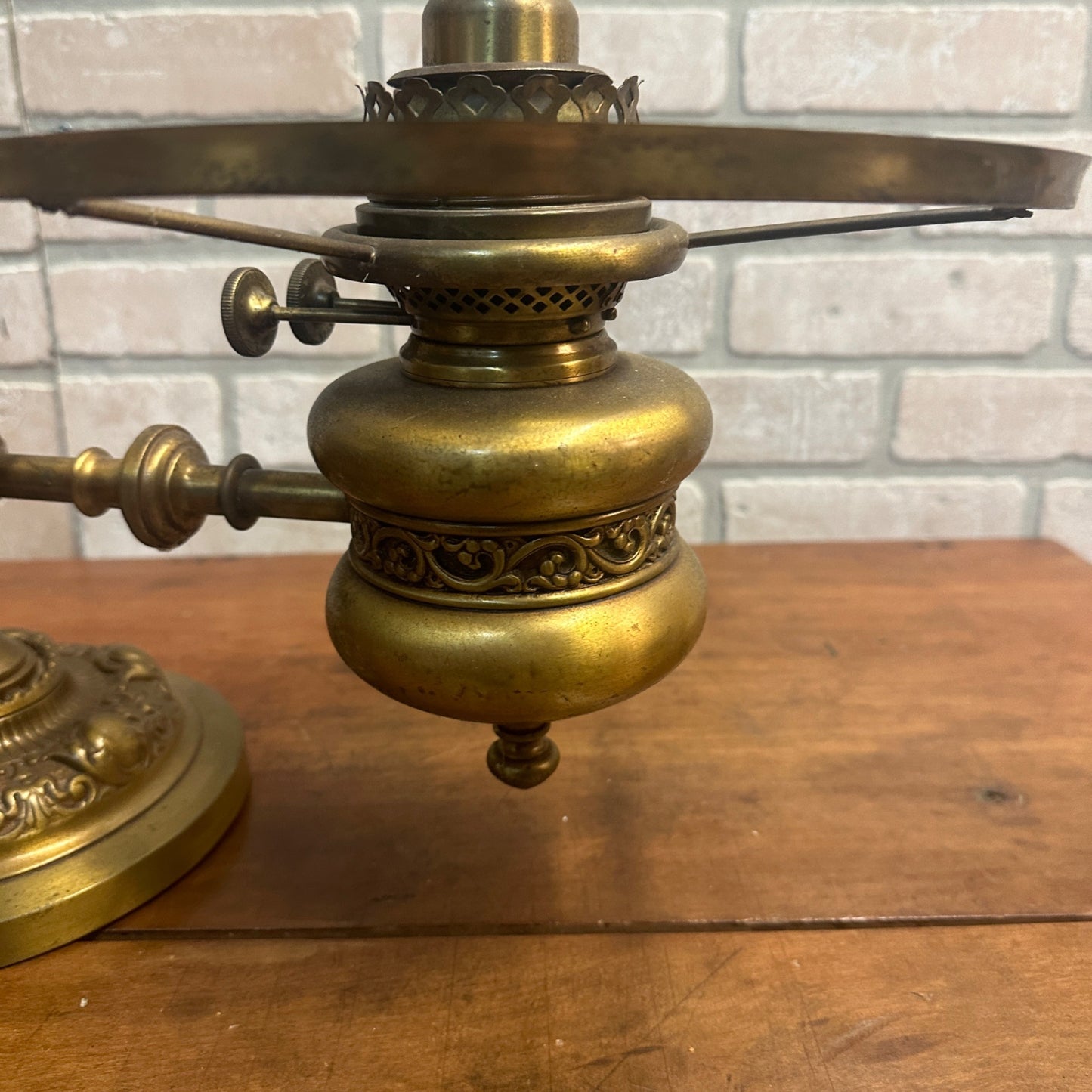 Antique Victorian Brass Double Student Lamp Base with Center Tank & Yellow Shades