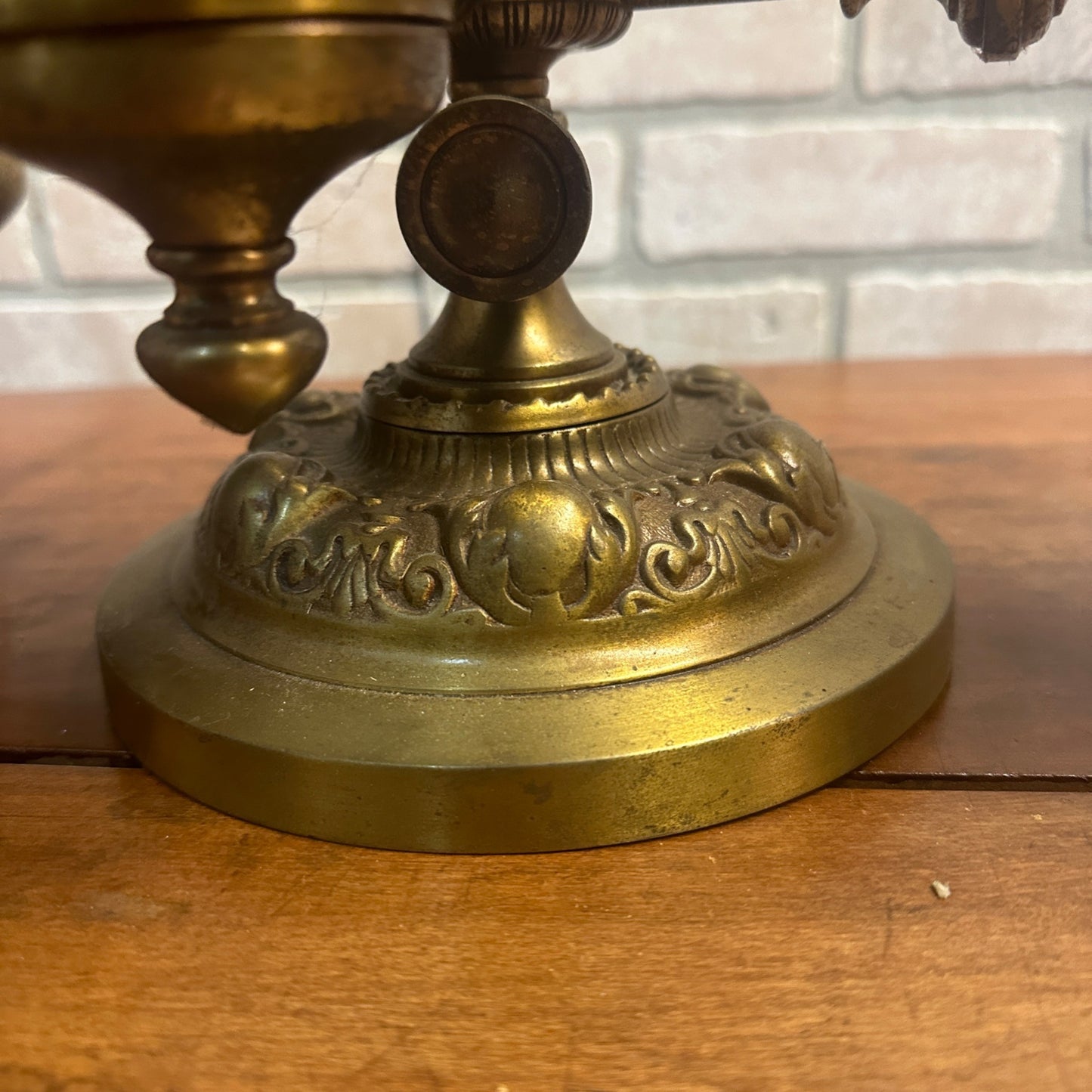 Antique Victorian Brass Double Student Lamp Base with Center Tank & Yellow Shades