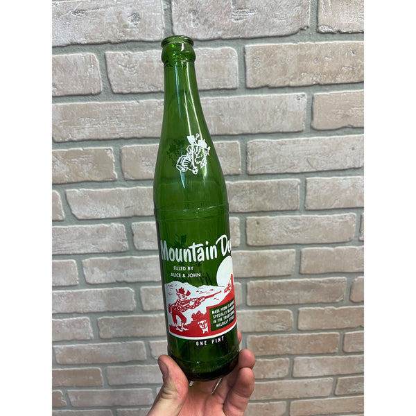 Vintage 1960s Mountain Dew One Pint Glass Soda Bottle Filled by John & Alice