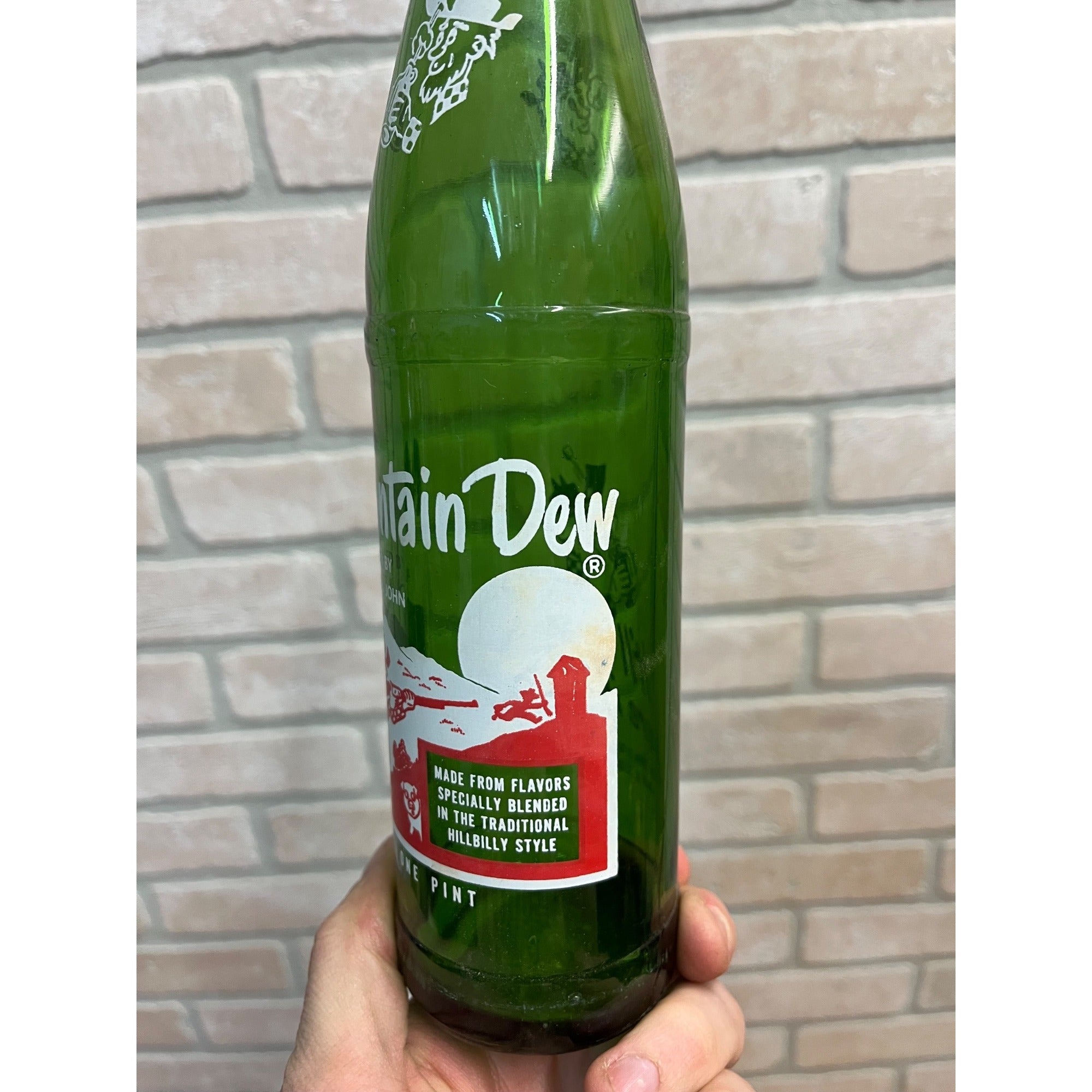 Vintage 1960s Mountain Dew One Pint Glass Soda Bottle Filled by John & Alice