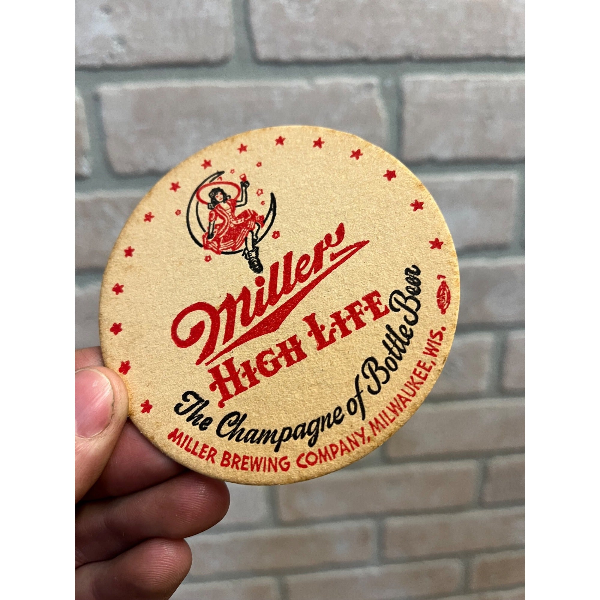 Vintage 1950s Miller High Life Beer Bar Coaster 3-1/2"" Advertising Girl on Moon